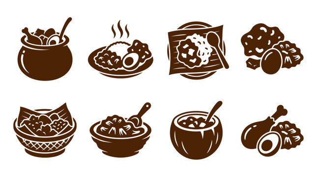 Indonesian meatball soup and bakso brown icon set.