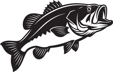 Fototapeta premium Black and white of a largemouth bass fish, side profile view with open mouth, isolated on a white background
