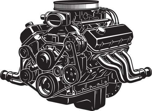 Black and white of a v8 automobile engine with a carburetor, exhaust headers, and a serpentine belt system on a white background
