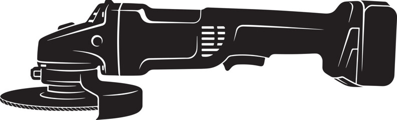 Black and white silhouette of a cordless angle grinder, side view of a handheld power tool with a cutting disc and battery pack © Pixel With MH