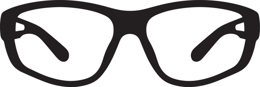 Black and white of thick-rimmed eyeglasses, front view silhouette of optical frames with temples visible, isolated on a white background