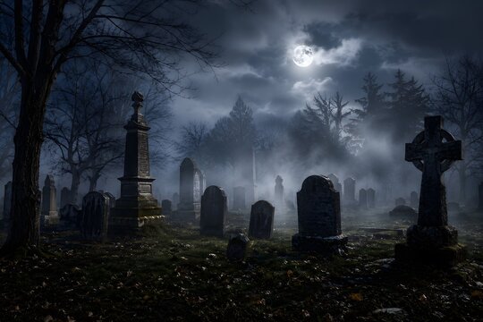 Spooky graveyard at night under a glowing full moon