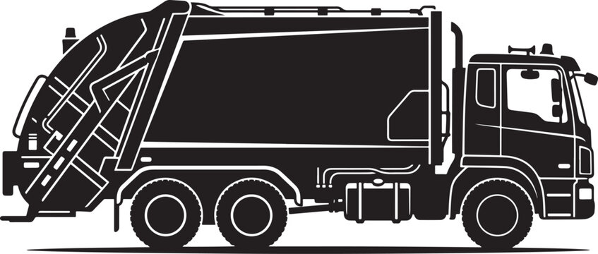 Black and white silhouette of a heavy-duty garbage collection truck, side view of a waste management vehicle with hydraulic compactor mechanism