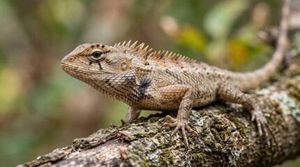 Obraz premium Close up side view of an oriental garden lizard perched on a textured tree branch with a blurred green forest background showing detailed scales and spiky crest along its back and head