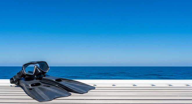 Black diving mask and snorkel set with fins, essential scuba gear for underwater exploration, resting on a white wooden deck overlooking a vibrant blue ocean