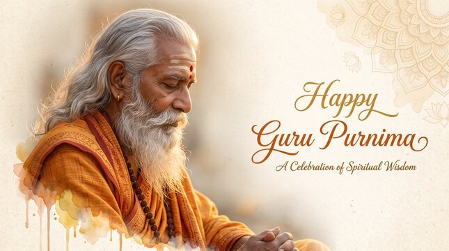 Watercolor illustration for guru purnima with a portrait of a sage