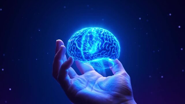 Human Hand Holding Glowing Brain With Neural Pathways In Dark Space For Technology And Science Concepts Video clip