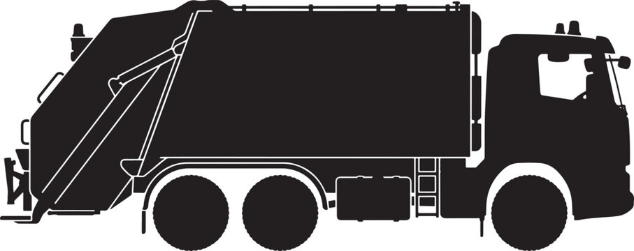Black silhouette of a heavy-duty garbage collection truck, side view showing the compactor body, hydraulic loading arm, and three-axle chassis on a white background