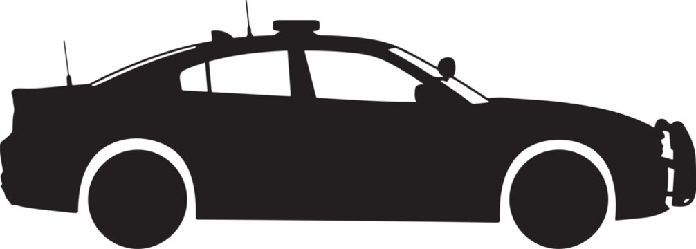 Black silhouette of a police patrol car, side profile view with emergency light bar, antennas, and front push bumper isolated on a white background