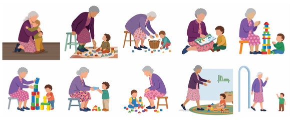 Set of grandmother and grandson illustrations showing various activities like playing with blocks, reading books, and hugging for family bonding concepts.