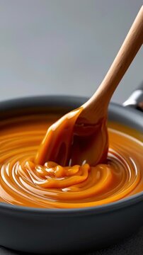 Smooth caramel sauce dripping from a wooden spoon into a bowl, creating glossy swirls and rich texture in a delicious sweet dessert preparation