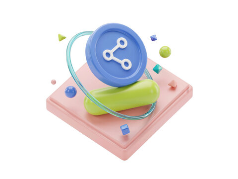 3d render of a blue share button icon on a pink platform