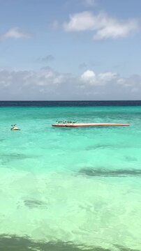 Birds resting on floating dock in Klein Cura&ccedil;ao turquoise water