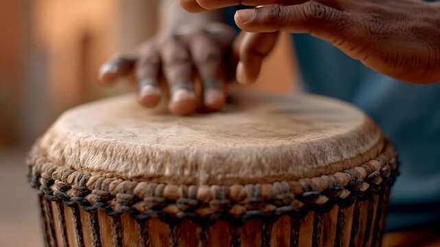 Hands playing a traditional wooden drum with natural skin surface, capturing rhythmic percussion, musical performance, culture, craftsmanship and expressive movement