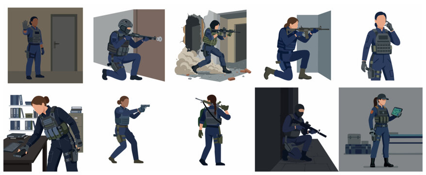 Set of SWAT and special forces police officers in tactical gear, female and male law enforcement agents in action poses, flat vector illustration.