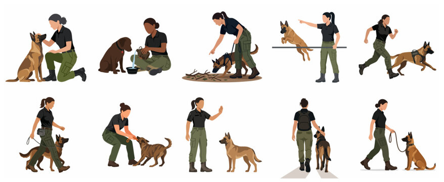 Set of female dog trainers and handlers working with Malinois and Labrador dogs in various training sessions, flat vector illustration.