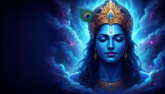 Divine blue deity with golden ornate crown and peacock feather meditating, serene cosmic clouds with copy space, ethereal spiritual fantasy portrait digital art for stock commercial use.