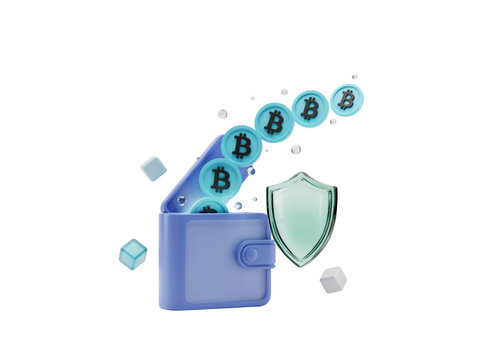 Blue digital wallet with bitcoin coins and security shield
