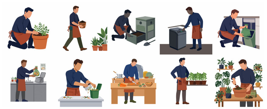 People composting food waste and gardening at home. Set of flat vector illustrations showing organic recycling process from kitchen scraps to plant fertilizer. Sustainable lifestyle concept.