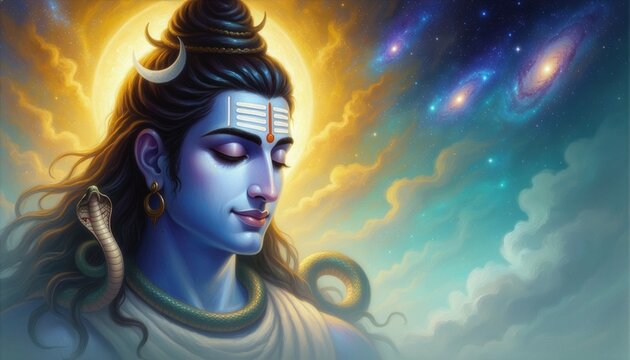 Serene blue deity meditating with a crescent moon and snake, radiant golden aura against a cosmic galaxy sky, ethereal spiritual fantasy portrait illustration for stock commercial.