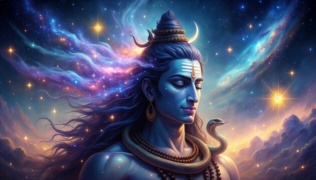 Serene blue deity meditating with a snake and crescent moon, vibrant cosmic hair flowing into a starry galaxy nebula, ethereal spiritual fantasy portrait digital illustration.