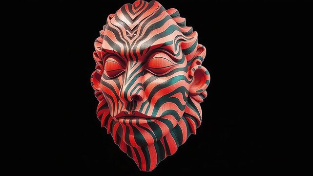 Tribal mask with red and black zebra stripes, 3D sculpted face with wavy patterns, artistic mask for theater and cultural concepts