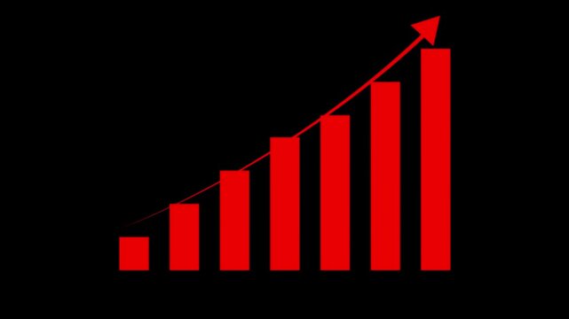 Red graph icon animated. Growing business success with arrow. Business growth info graphic animation, business graph, analytical data, grid black background.4K Video.