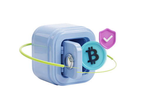 Blue bitcoin safe box icon with security shield