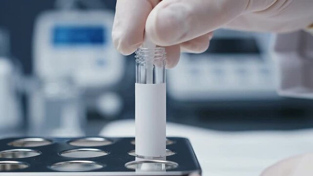 Laboratory Technician Extracting Fluid From Test Tube Using Syringe in Modern Research Setting