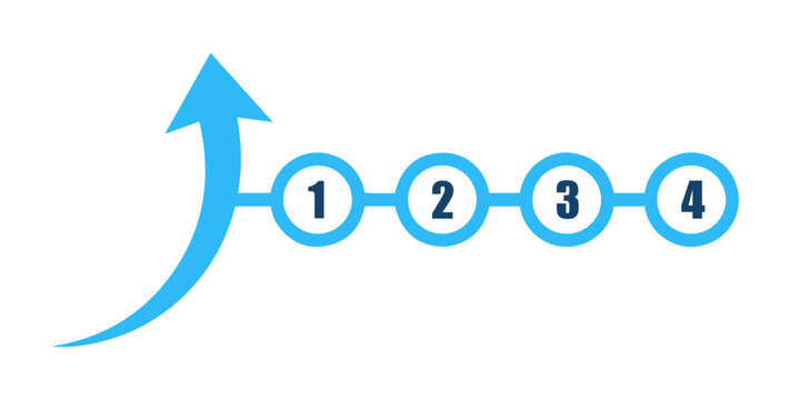 Blue upward growth arrow vector layout featuring four circular infographic bullet points for chronological step presentation