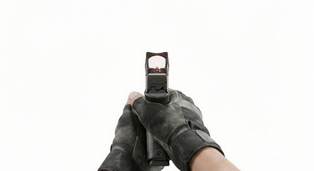 Fototapeta premium A character in a shooting game is holding a handgun against a white background.