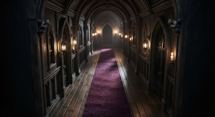 Fototapeta premium Miniature diorama of a gothic corridor with a purple carpet.