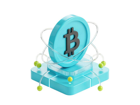 3d blue bitcoin coin icon on a pedestal
