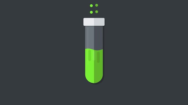 Flat vector icon of a scientific test tube filled with glowing green liquid and bubbling toxic chemical reaction