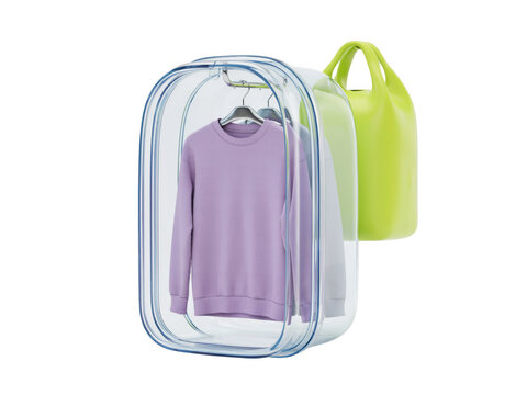 Purple sweatshirt inside a transparent plastic garment bag