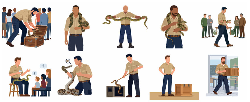 Set of flat vector illustrations featuring professional snake handlers and zookeepers managing reptiles for education, research, and conservation purposes