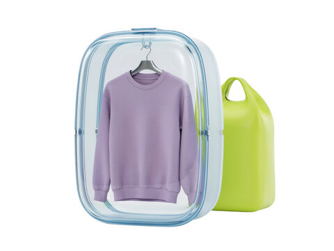 Purple sweater inside a clear plastic garment travel bag