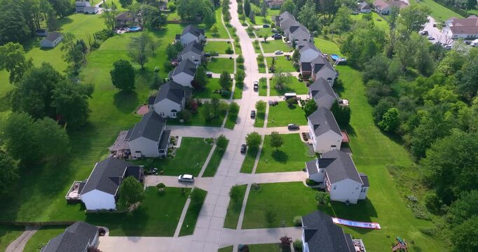 View from above of residential houses in living area in Cleveland, Ohio. American dream homes as example of real estate development in US suburbs.