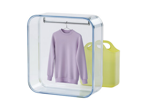 Purple sweater hanging inside a clear plastic garment bag