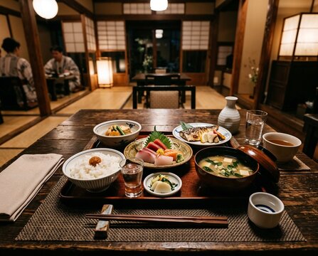 Traditional Japanese dinner set with dishes on wooden table  