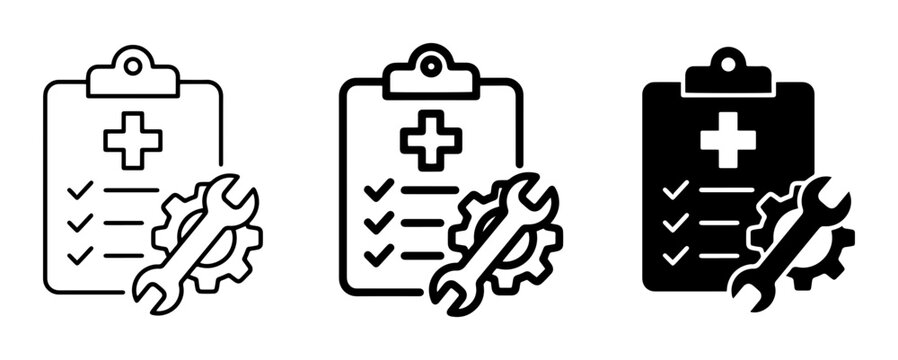 Medical Checklist and Tools Icons, Healthcare Maintenance and Repair Symbols