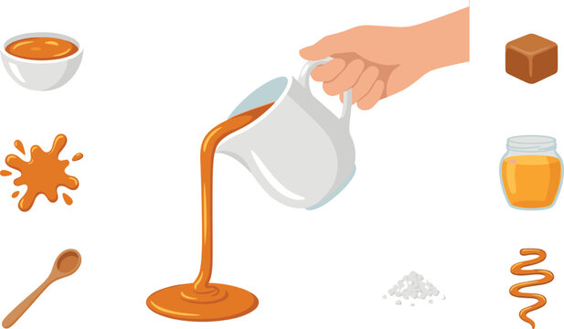 Vector illustration of a hand pouring liquid caramel from a pitcher with caramel cubes jar sauce splash spoon salt and swirl set