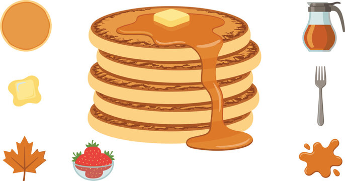 Vector illustration of a tall stack of pancakes with melting butter pouring maple syrup syrup pitcher fork splash leaf and strawberries