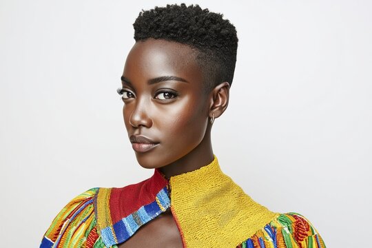 Beautiful young African woman in colorful traditional attire portrait