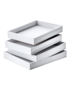 Stack of four empty white rectangular trays for document sorting and office organization isolated