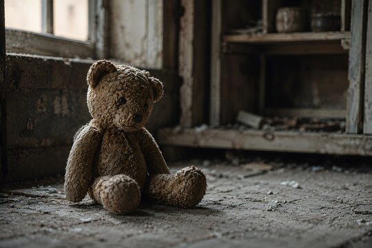 Abandoned Worn Teddy Bear Sitting on Dusty Floor of Derelict Building