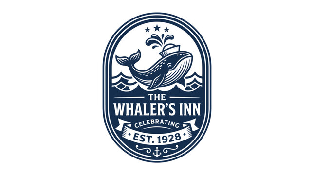 Vintage style nautical logo featuring a whale with a sailor hat for The Whaler Inn.