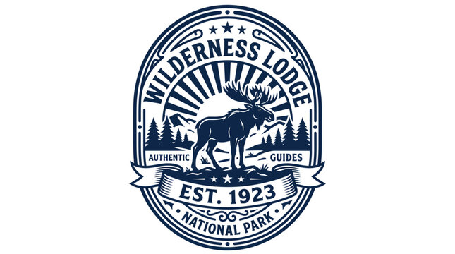 Vintage Wilderness Lodge emblem featuring a majestic moose in a national park setting.