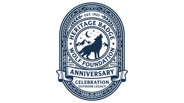 Vintage style wolf foundation heritage anniversary celebration badge emblem.