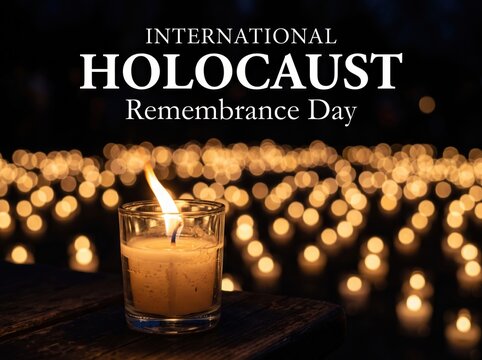 International holocaust remembrance day text overlay above a single glowing memorial candle in a glass jar with a background of many blurred golden candle lights in the dark night